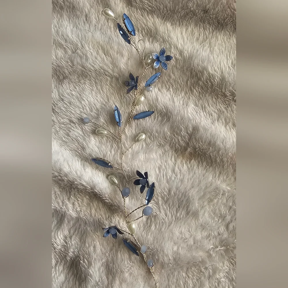 Handmade Dusty Blue, Pearl and Silver Floral Hair Vine